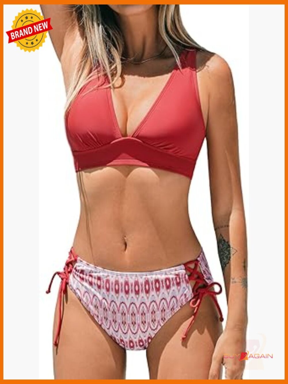 Two Piece Swimsuit Triangle Top Wide Straps Cross Back Lace Up Mid Rise Bikini